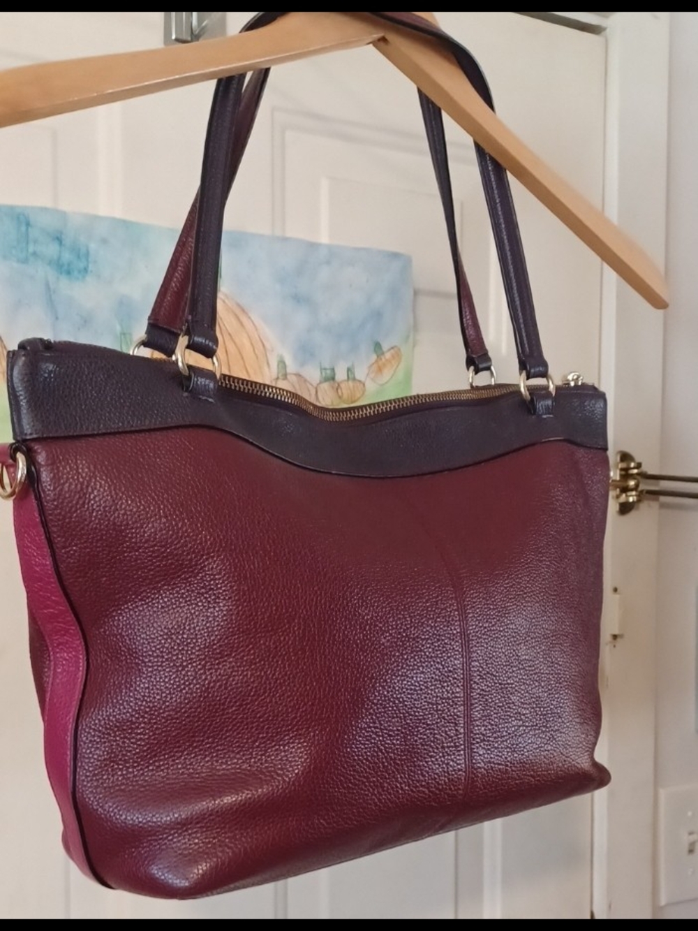 Coach Burgundy Leather Tote Navy Trim and Pink Accent Hangtags Shoulder Purse - Picture 3 of 16
